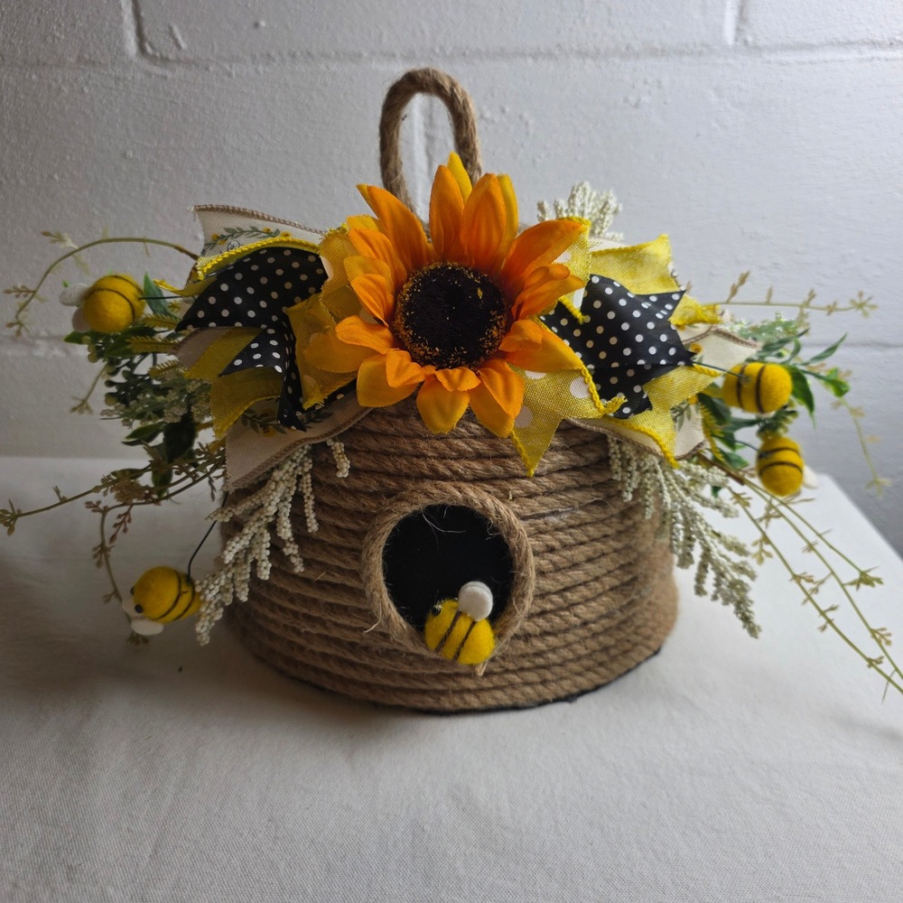Handcrafted Jute Bee Skep Decorative Hive Sunflower Polka Dot Bow Felt Bees